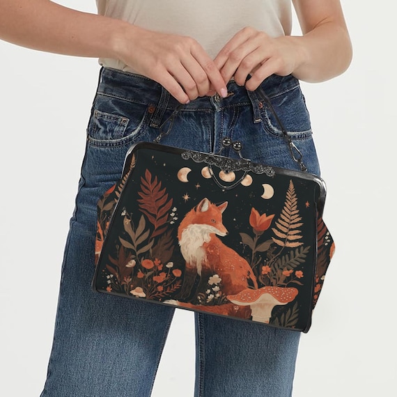 Red Fox Moon Phase Kisslock Bag - Vegan Leather Dark academia Kisslock Purse, Witchy Crossed body Fern Forest purse, goth bag, hippies boho