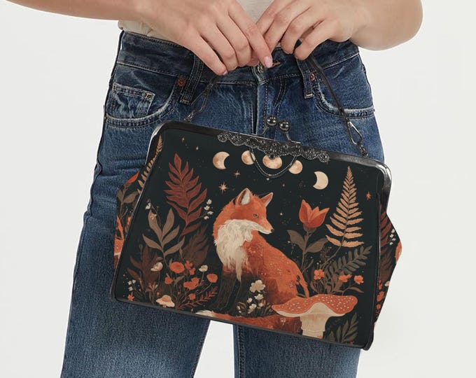 Red Fox Moon Phase Kisslock Bag - Vegan Leather Dark academia Kisslock Purse, Witchy Crossed body Fern Forest purse, goth bag, hippies boho