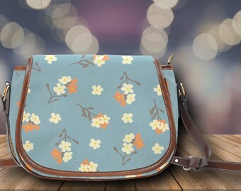 Cottagecore Blue Kawaii Bloemen Vegan lederen zadeltas, schattige bloemen gekruiste lichaam portemonnee voor vrouwen, gothic tas, hippies boho cadeau bloem