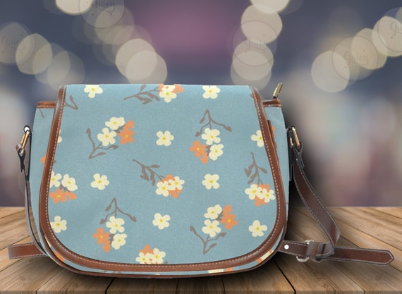 Cottagecore Blue Kawaii Flowers Vegan leather saddle bag, cute flowers crossed body purse for women, goth bag, hippies boho gift flower