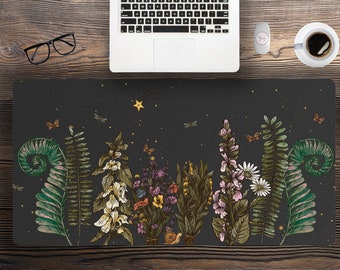 Dark cottagecore plant lover wild flower desk mat, XL forest gaming mouse pad Dark Witchy Wildflowers mousepad cottagecore boho hippies gift