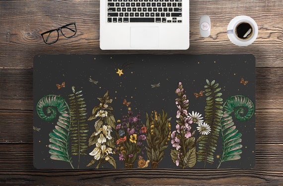 Dark cottagecore plant lover wild flower desk mat, XL forest gaming mouse pad Dark Witchy Wildflowers mousepad cottagecore boho hippies gift