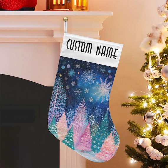 Custom Pine Forest Christmas Stocking, Colorful Christmas Custom Stuffer, Cottagecore Fairycore Christmas Stocking, Kawaii witch xmas gift