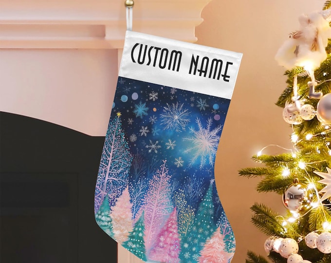 Custom Pine Forest Christmas Stocking, Colorful Christmas Custom Stuffer, Cottagecore Fairycore Christmas Stocking, Kawaii witch xmas gift