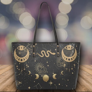 Snake and Moon Phases Celestial Witch Bag Boho, Cute witchy Vegan leather tote bag, Vegan leather bag, Cute Goth bag big zip tote astrology