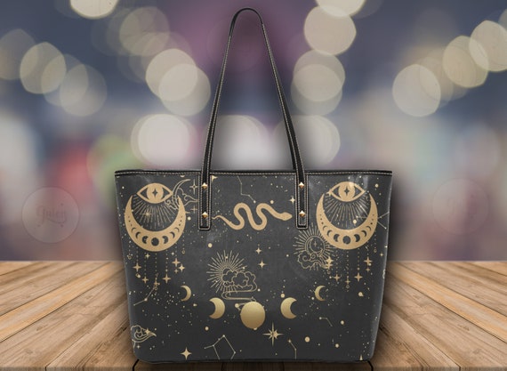 Snake and Moon Phases Celestial Witch Bag Boho, Cute witchy Vegan leather tote bag, Vegan leather bag, Cute Goth bag big zip tote astrology