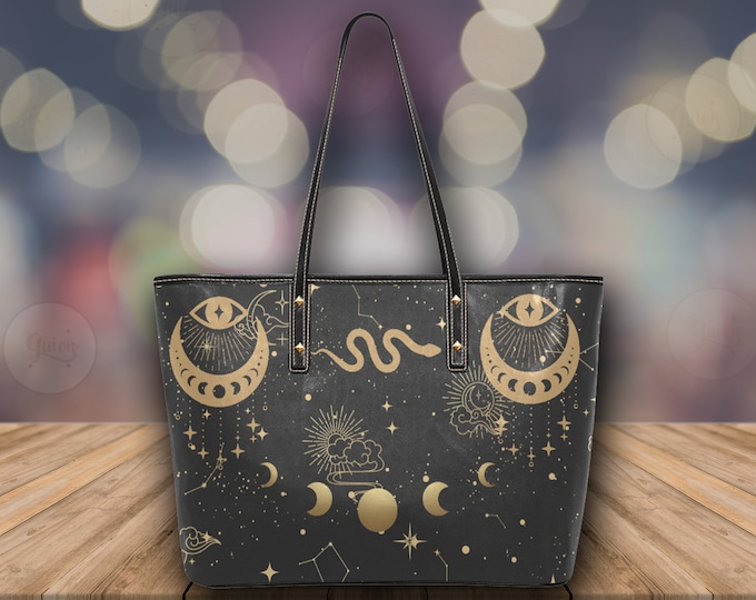 Snake and Moon Phases Celestial Witch Bag Boho, Cute witchy Vegan leather tote bag, Vegan leather bag, Cute Goth bag big zip tote astrology