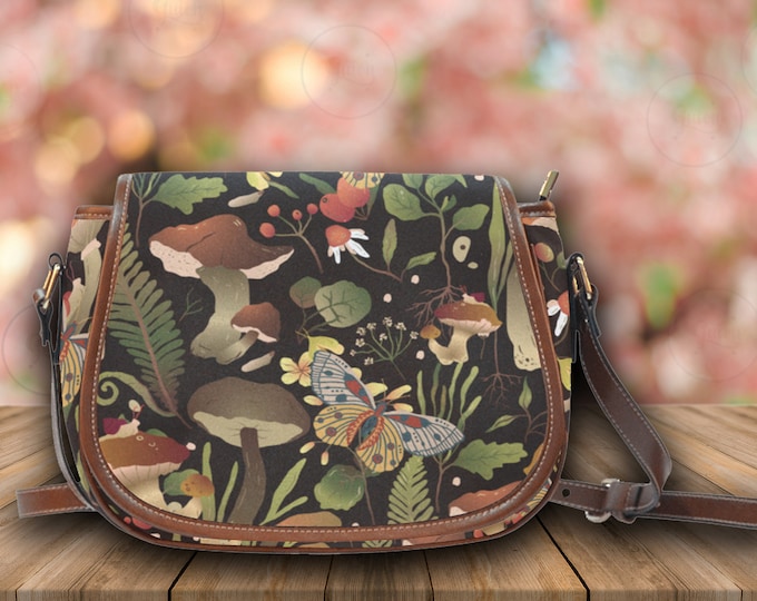 Boho Mushroom Forest witchy Black Vegan leather saddle bag, Cottagecore crossbody purse, vegan leather hand bag goth bag, hippies boho gift