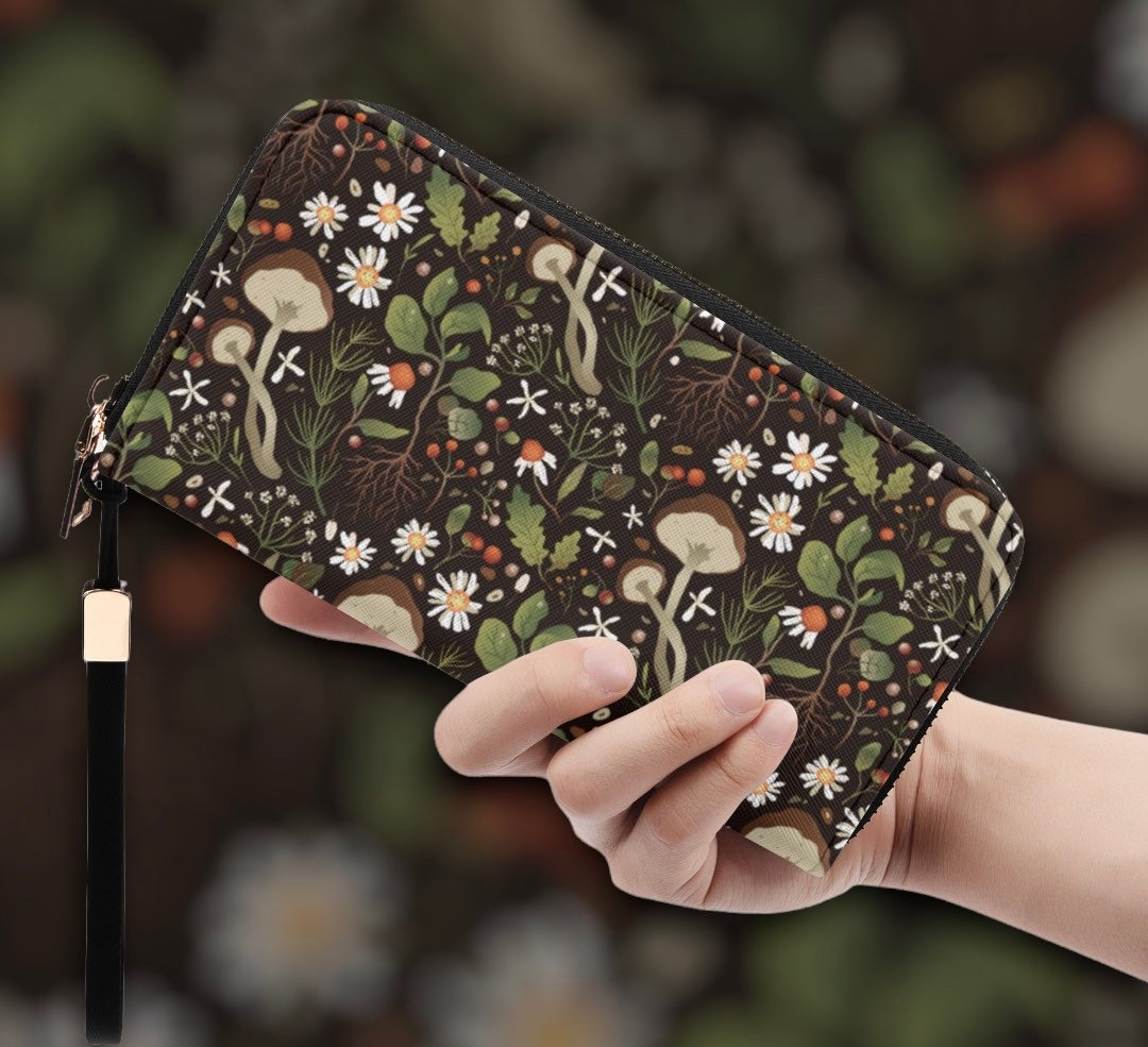 Cottagecore Nature Green Wallet Boho Mushroom Forest Pattern