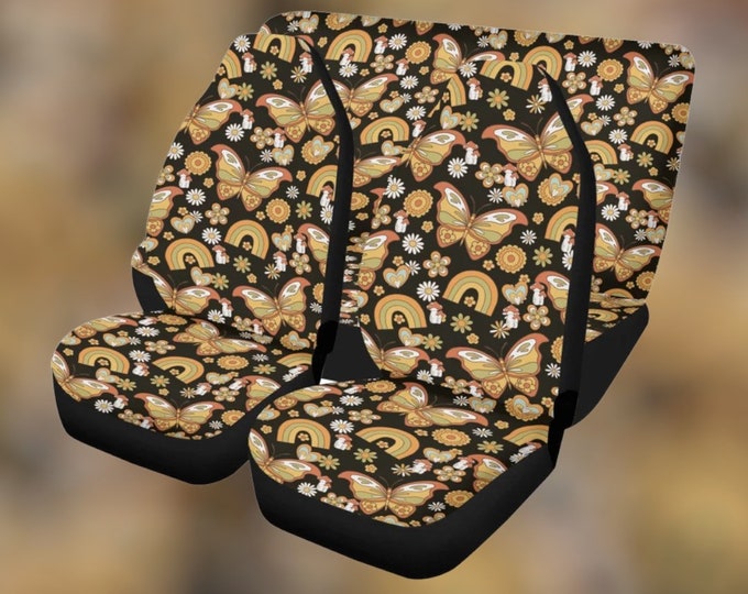 Boho Floral Hippie Car Seat Cover for Women Full Set, Cottagecore Retro Flower Car Seat Covers for Vehicle, Car Driver Gift for Her