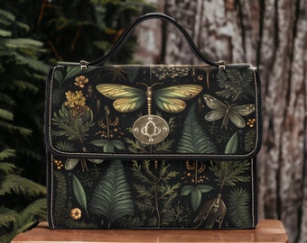 Butterfly Botanical Ferns Canvas Satchel bag, cottagecore forest women purse, cute vegan leather strap handbag boho bag, hippies boho gift