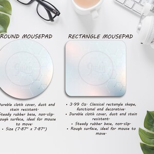 May include: Two mousepads, one round and one rectangular, with a white and blue gradient design and a geometric pattern. The round mousepad is 7.87 inches in diameter, and the rectangular one has a classical shape.