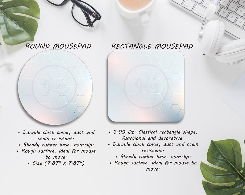 May include: Two mousepads, one round and one rectangular, with a white and blue gradient design and a geometric pattern. The round mousepad is 7.87 inches in diameter, and the rectangular one has a classical shape.