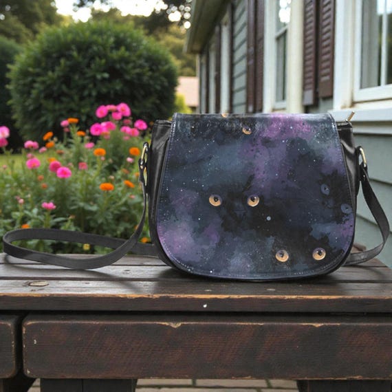 Cat Eyes in Purple Space crossbody saddle bag, Witchy Cottagecore Vegan leather shoulder bag, Astrology saddle purse, boho hippie gift purse