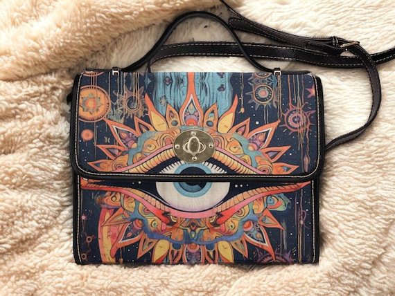Mystical Eyes celestial Canvas Satchel bag, Cute women mushroom crossed body purse, vegan leather strap hand bag goth bag, hippies boho gift