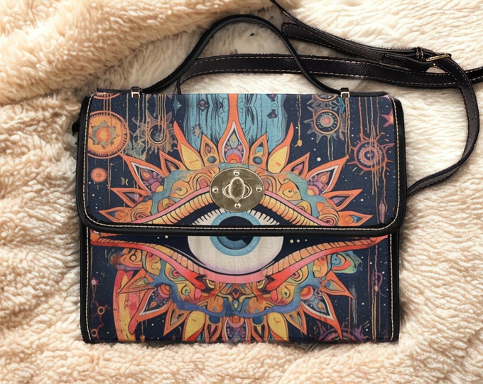 Mystical Eyes celestial Canvas Satchel bag, Cute women mushroom crossed body purse, vegan leather strap hand bag goth bag, hippies boho gift
