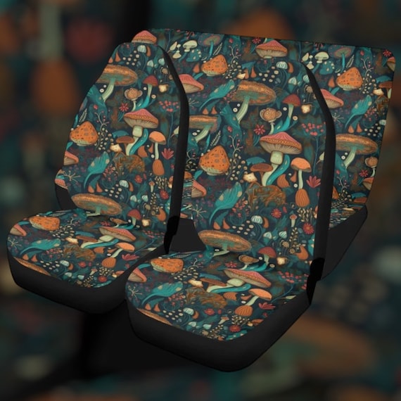 Mushroom Floral Boho Car Seat Cover For Women, Cottagecore Cute Green Floral Front Bucket Seat Cover For Car Vehicle, Nature seat cover