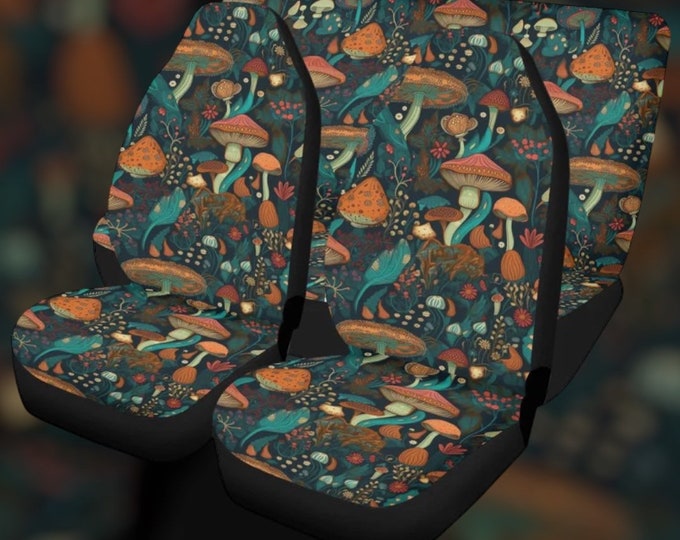 Mushroom Floral Boho Car Seat Cover For Women, Cottagecore Cute Green Floral Front Bucket Seat Cover For Car Vehicle, Nature seat cover