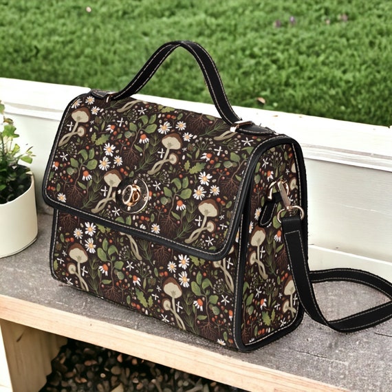 Cottagecore Mushroom Forest Canvas Satchel bag, women mushroom crossbody purse, cute vegan leather strap hand bag, hippies boho gift