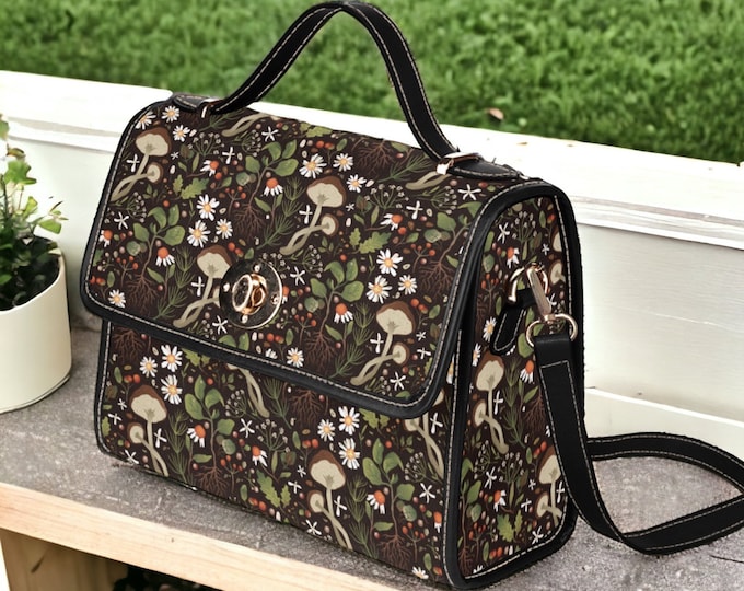 Cottagecore Mushroom Forest Canvas Satchel bag, women mushroom crossbody purse, cute vegan leather strap hand bag, hippies boho gift