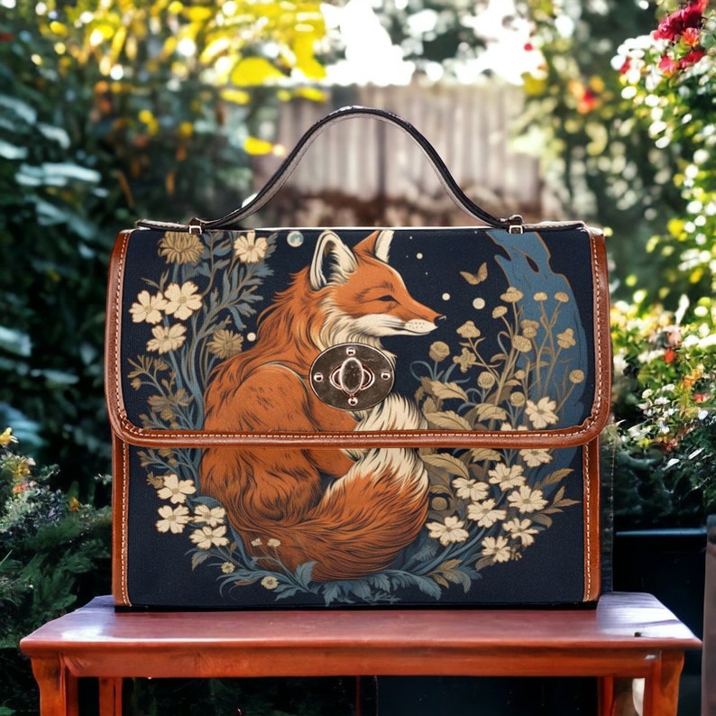 Bolso Retro Fox in the Forest Canvas Satchel, bolso bandolera Cottagecore forestcore, lindo bolso gótico con correa de cuero vegano, regalo boho hippies Brown