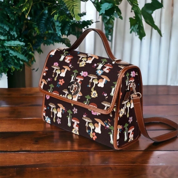 Cottagecore Flowers Mushroom Satchel bag, Cute Boho Floral Crossed body vegan leather strap hand bag, mushroom boho bag, hippies boho gift