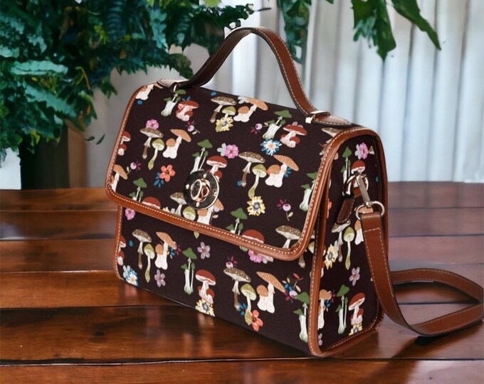 Cottagecore Flowers Mushroom Satchel bag, Cute Boho Floral Crossed body vegan leather strap hand bag, mushroom boho bag, hippies boho gift