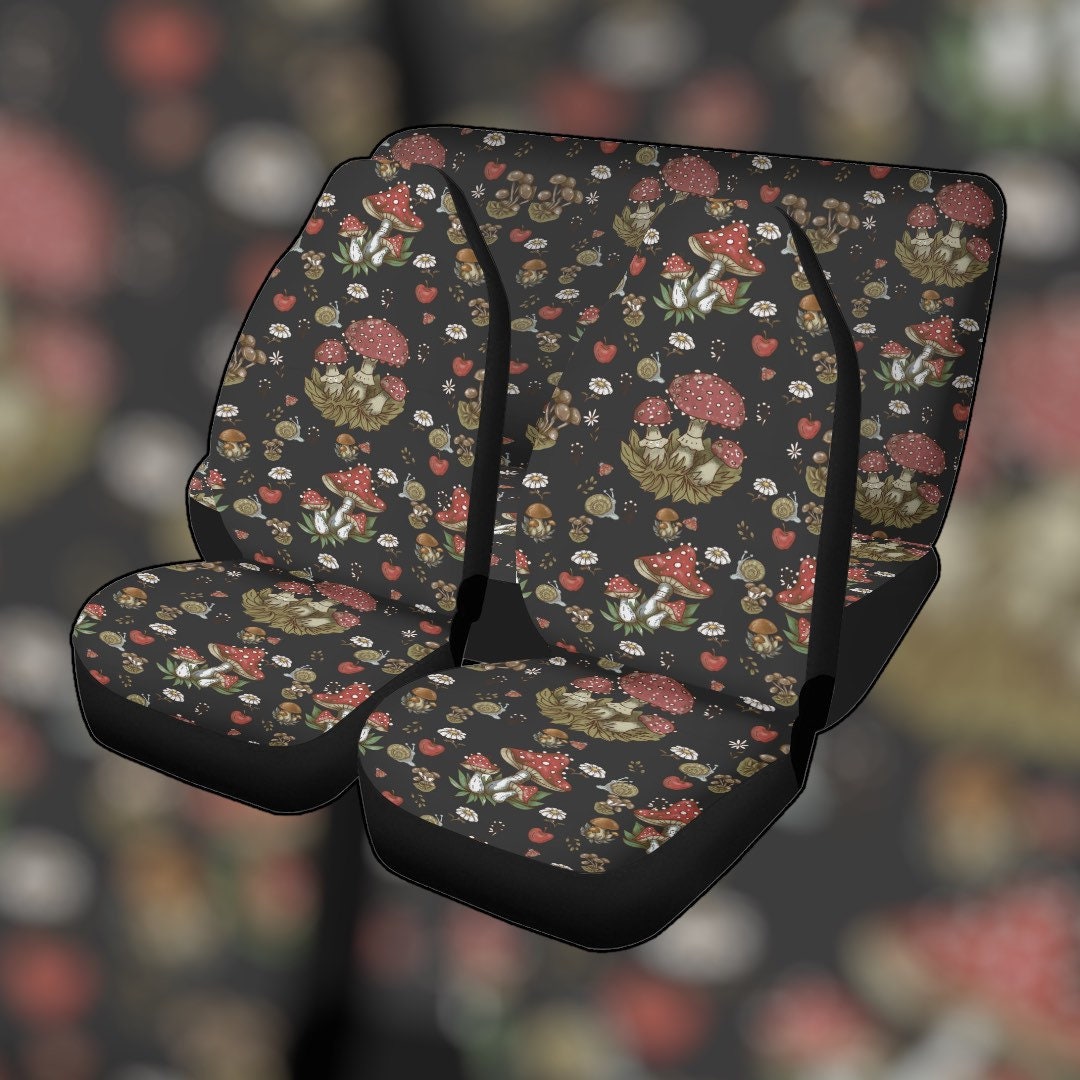 Black Mushroom Car Seat Cover Full Set, Cottagecore Seat Covers for Car for Women, Car Seat
