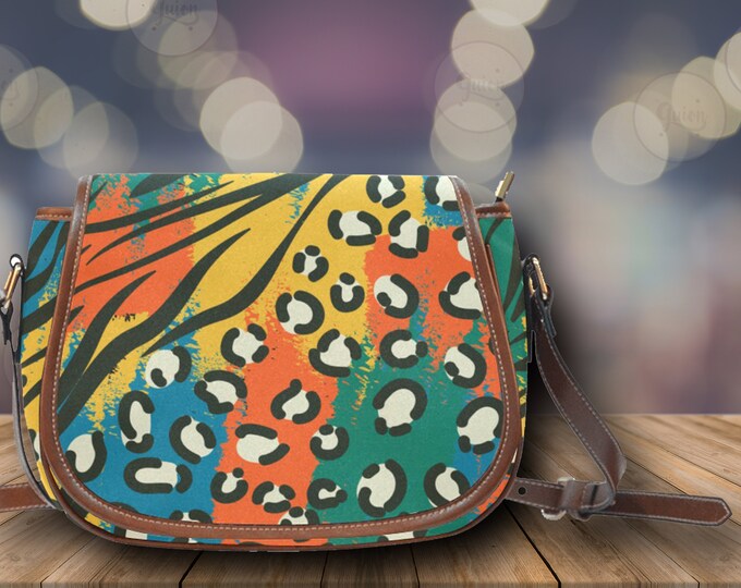 Colorful African Animal Skin Print Boho Saddle Bag, Cute boho Shoulder Bag, Vegan Leather Strap Waterproof Bag Mother's Day Gift