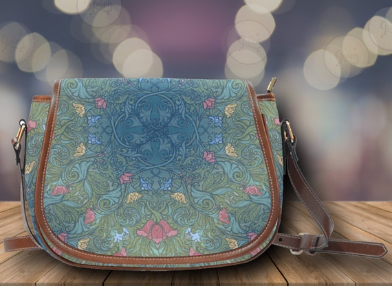 Blue Floral Cottagecore Vegan Leather Boho Saddle Bag, Boho Crossbody Shoulder Bag, Cute Women Hand Bag Boho Gift For Mom, Boho Hippies gift