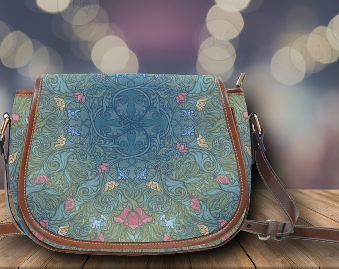 Blue Floral Cottagecore Vegan Leather Boho Saddle Bag, Boho Crossbody Shoulder Bag, Cute Women Hand Bag Boho Gift For Mom, Boho Hippies gift
