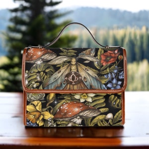 Cottagecore enchanted forest canvas Satchel bag, women mushroom crossbody purse, witch vegan leather strap hand bag goth, hippies boho gift