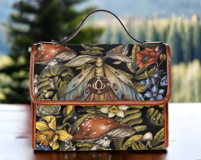 Cottagecore enchanted forest canvas Satchel bag, women mushroom crossbody purse, witch vegan leather strap hand bag goth, hippies boho gift