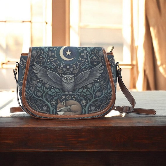 Majestic Owl Fox Saddle Bag, Fantasy Animal Art Crossbody, Faux Leather Vintage Style Handbag, Moon Saddle Bag, Pagan Occult Handbag
