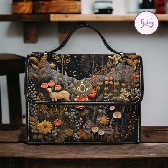 Deer Forest Cottagecore Canvas Satchel bag, cottagecore forest women purse, cute vegan leather strap hand bag boho bag, hippies boho gift