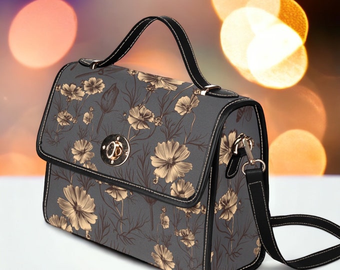 Boho witch Floral Canvas Satchel bag, Cute women cottagecore crossbody purse, cute vegan leather strap hand bag goth bag, hippies boho gift