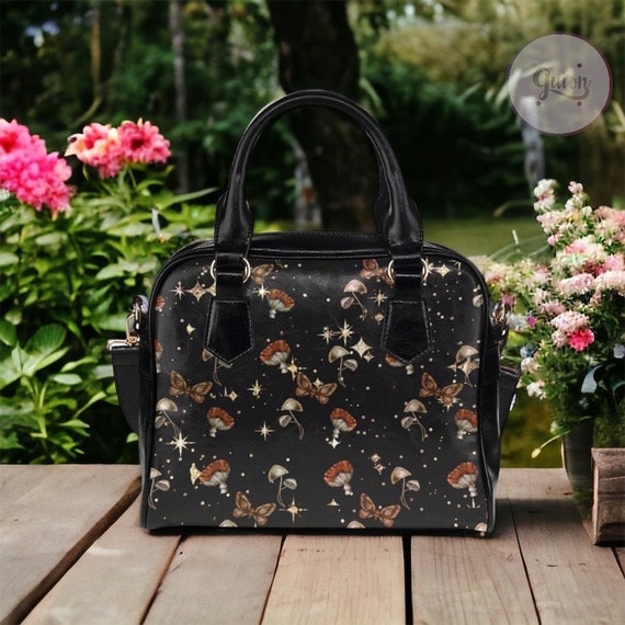 Starry Mushroom Moth Handbag, Floral Womens Accessories, Witchy Shoulder Bag, Goth Hand Bag, Womens Bag, Purse, Gift for Her