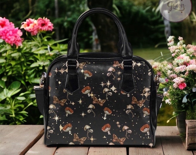 Starry Mushroom Moth Handbag, Floral Womens Accessories, Witchy Shoulder Bag, Goth Hand Bag, Womens Bag, Purse, Gift for Her