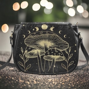 Celestial moon mushroom Vegan leather boho saddle bag, witchy crossed body cute PU leather hand bag goth bag, hippies witch purse bag gift