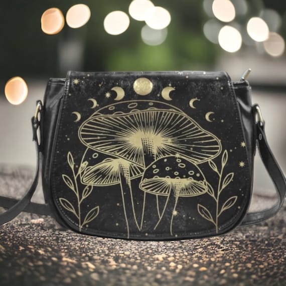 Celestial moon mushroom Vegan leather boho saddle bag, witchy crossed body cute PU leather hand bag goth bag, hippies witch purse bag gift
