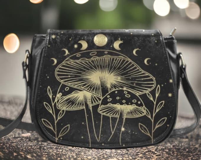 Celestial moon mushroom Vegan leather boho saddle bag, witchy crossed body cute PU leather hand bag goth bag, hippies witch purse bag gift