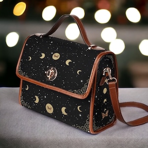 Cottagecore Celestial Canvas Satchel bag, Kawaii Witch Moon Phases Crossed body vegan leather strap hand bag, goth bag, hippies boho gift