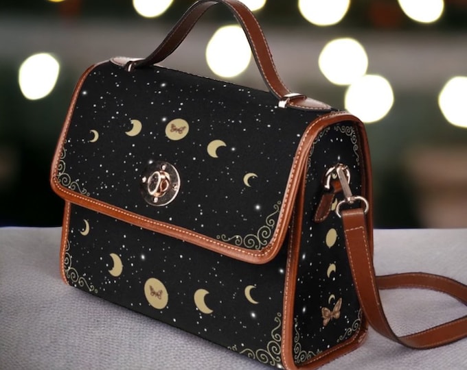 Cottagecore Celestial Canvas Satchel bag, Kawaii Witch Moon Phases Crossed body vegan leather strap hand bag, goth bag, hippies boho gift
