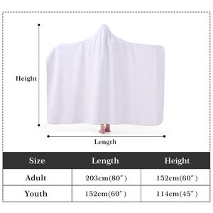 May include: White hooded towel with measurements for adult and youth sizes. Adult size is 80 inches long and 60 inches high. Youth size is 60 inches long and 45 inches high. The towel is shown from the back.