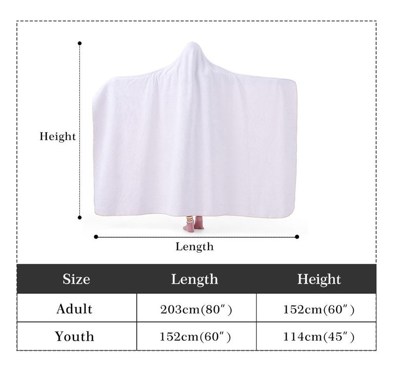 May include: White hooded towel with measurements for adult and youth sizes. Adult size is 80 inches long and 60 inches high. Youth size is 60 inches long and 45 inches high. The towel is shown from the back.