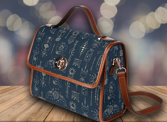 Mystical Elements Canvas Satchel bag, Cute women Astrological crossed body purse, vegan leather strap hand bag goth bag, hippies boho gift