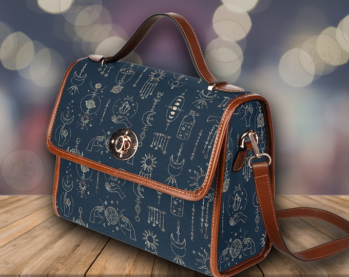 Mystical Elements Canvas Satchel bag, Cute women Astrological crossed body purse, vegan leather strap hand bag goth bag, hippies boho gift