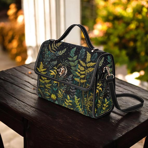 Green Boho Fern forest Canvas Satchel bag, Green crossbody Moon purse, Cute Vegan leather strap Dark Cottagecore adjustable strap handbag