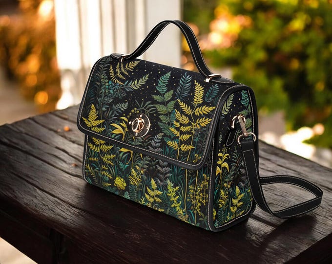 Green Boho Fern forest Canvas Satchel bag, Green crossbody Moon purse, Cute Vegan leather strap Dark Cottagecore adjustable strap handbag
