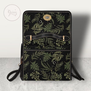 Bolso Boho Fern forest Black Canvas Satchel, bolso bandolera verde Moon, linda correa de cuero vegano Dark Cottagecore bolso con correa ajustable imagen 6